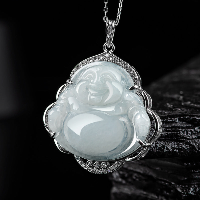 Stone of buddha 925 Sterling Silver Laughing Buddha Natural Jade Abundance Necklace Pendant