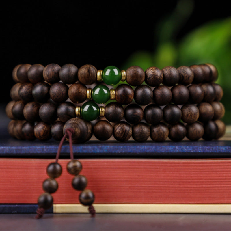 Stone of buddha 108 Mala Beads Indonesia Tarakan Rare Agarwood Cyan Jade Ward Off Evil Spirits Bracelet