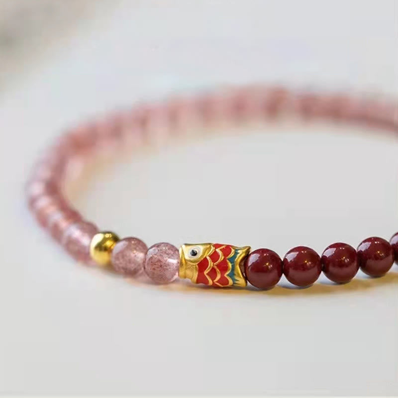 Stone of buddha Natural Strawberry Quartz Cinnabar Lucky Koi Fish Healing Bracelet