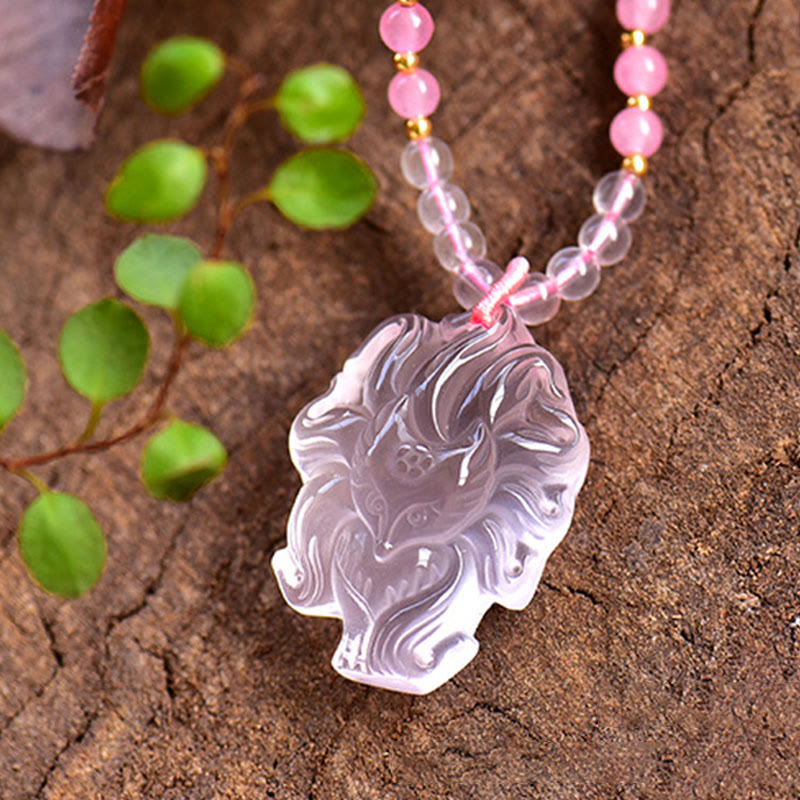Stone of buddha Natural Pink Crystal Nine Tailed Fox Love Necklace Pendant