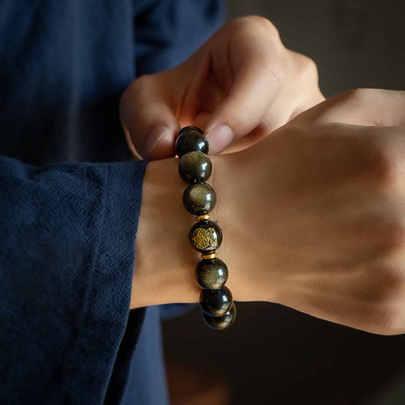 Stone of buddha Chinese Zodiac Natal Buddha Gold Sheen Obsidian Wealth Protection Bracelet