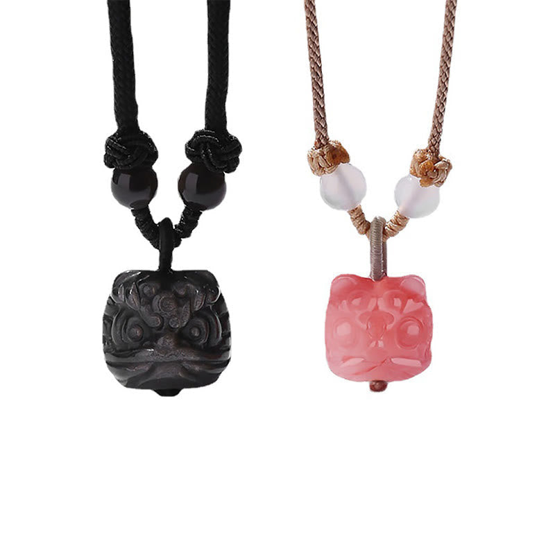 Stone of buddha Natural Silver Sheen Obsidian Red Agate Dancing Lion Protection Necklace Pendant