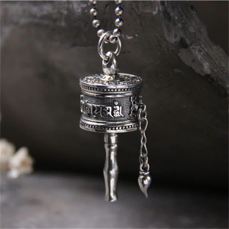 Stone of buddha 925 Sterling Silver Om Mani Padme Hum Prayer Wheel Purity Rotatable Necklace Pendant