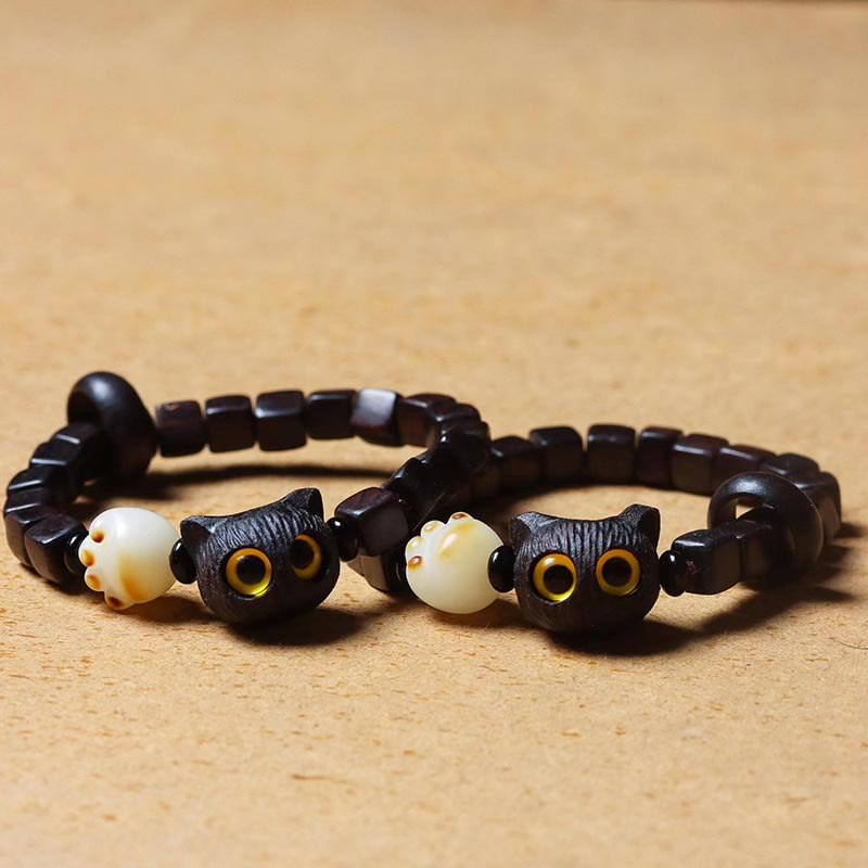 Stone of buddha Ebony Wood Cute Cat Bodhi Seed Paw Claw Square Beads Calm Bracelet