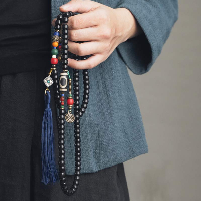 Stone of buddha 108 Beads Mala Ebony Wood Dzi Bead Copper Balance Tassel Bracelet