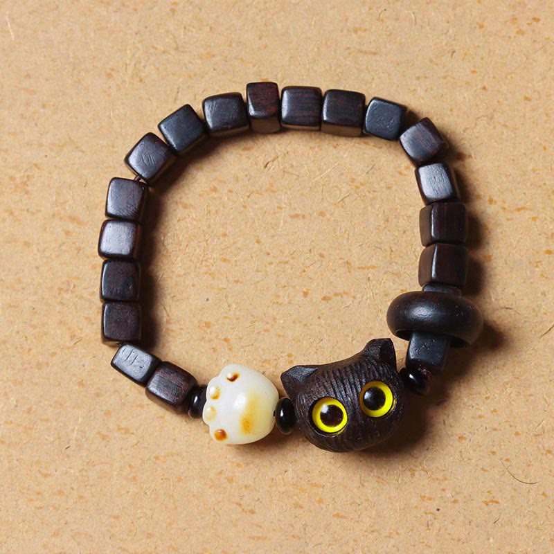 Stone of buddha Ebony Wood Cute Cat Bodhi Seed Paw Claw Square Beads Calm Bracelet