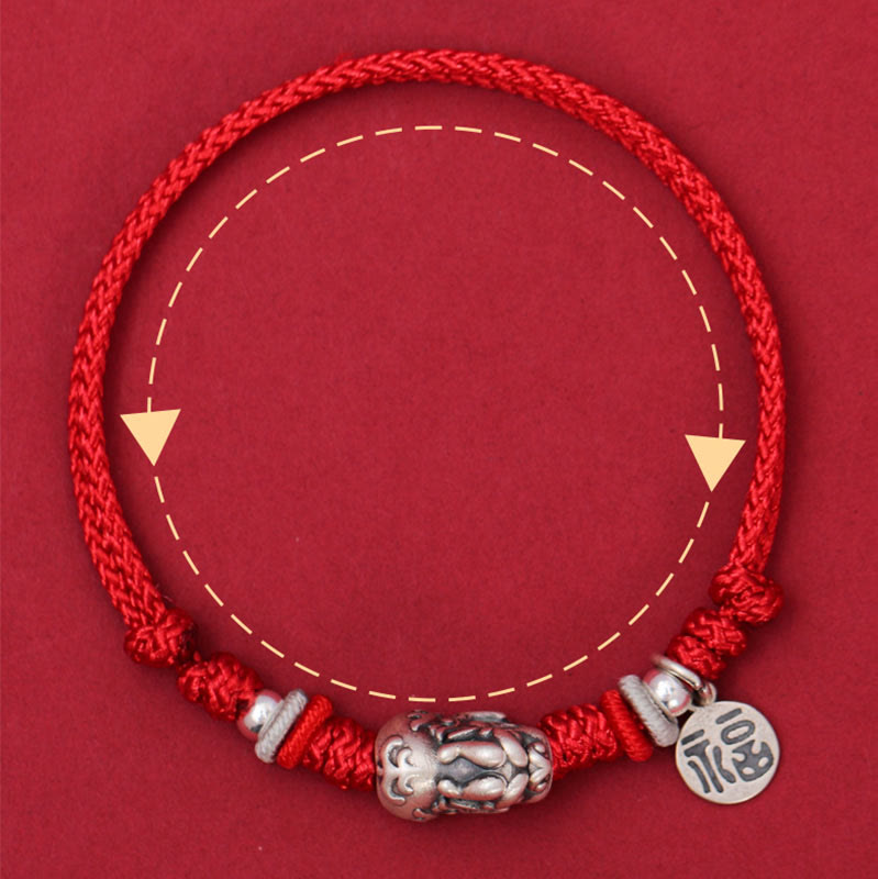 Stone of buddha 925 Sterling Silver PiXiu Fu Character Wealth Luck Handmade Braided Bracelet