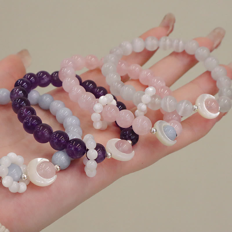 Stone of buddha 925 Sterling Silver Natural Amethyst Aquamarine Pink Crystal Cat's Eye Healing Crescent Moon Bracelet