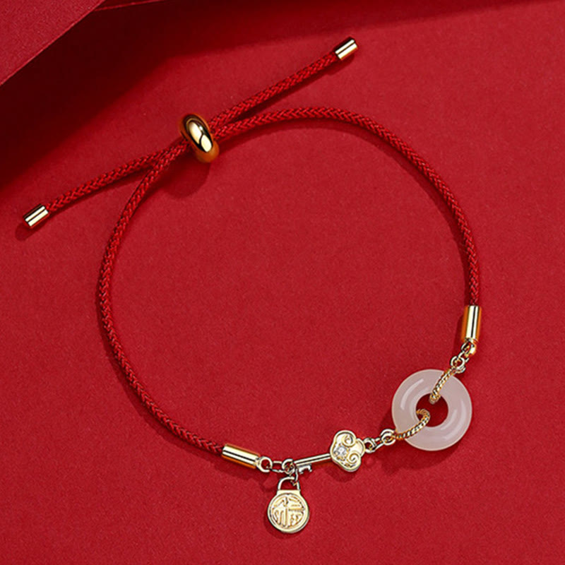 Stone of buddha 18K Gold Plated Hetian Jade Peace Buckle Fu Character Luck Red Rope Bracelet