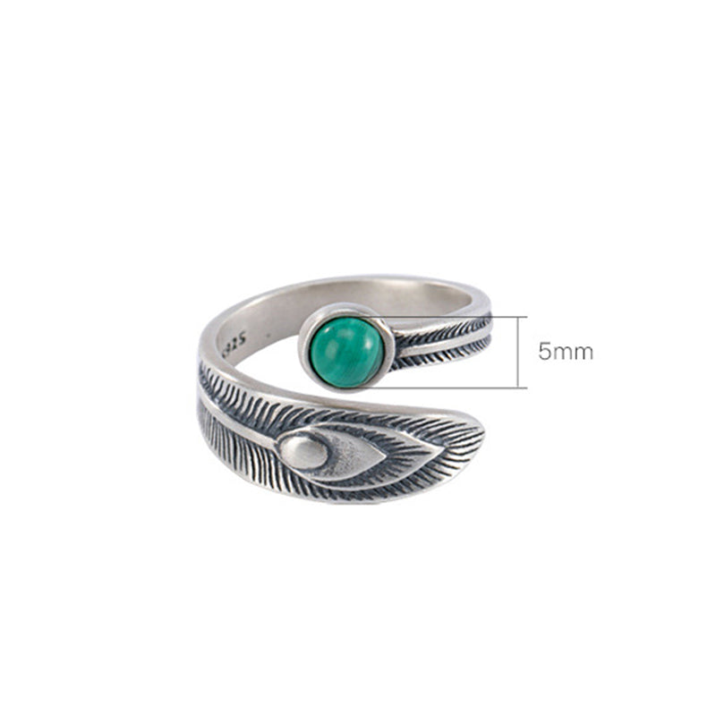 Stone of buddha 925 Sterling Silver Malachite Bead Feather Protection Ring