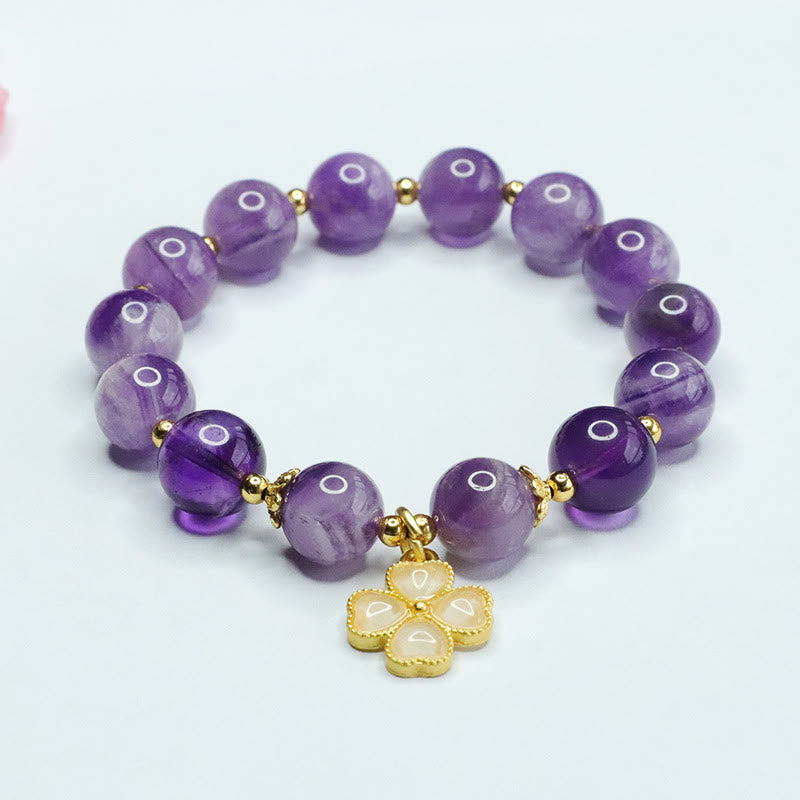 Stone of buddha Natural Amethyst Crystal Inner Peace Four Leaf Clover Charm Bracelet