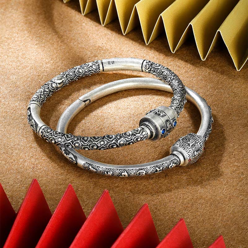 Stone of buddha 990 Sterling Silver Tibetan Auspicious Clouds Om Mani Padme Hum Engraved Creativity Bracelet Bangle