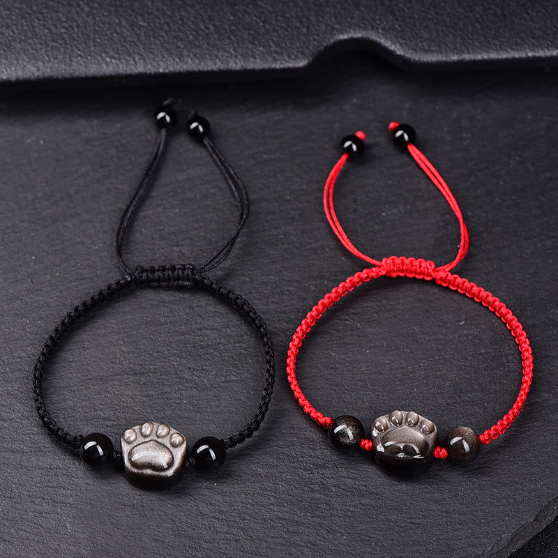 Stone of buddha Natural Silver Sheen Obsidian Gold Sheen Obsidian Cute Cat Paw Claw Protection Rope Bracelet