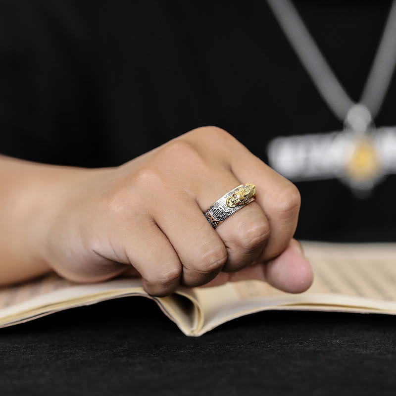 Stone of buddha Tibetan 990 Sterling Silver Om Mani Padme Hum PiXiu Dorje Vajra Heart Sutra Engraved Wealth Ring