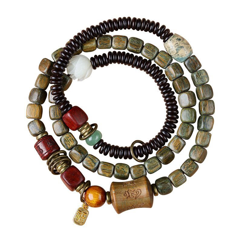 Stone of buddha Green Sandalwood Ebony Om Mani Padme Hum Engraved Peace Triple Wrap Bracelet