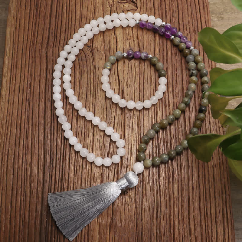 Stone of buddha 108 Mala Beads White Agate Amethyst Black Glitter Stone Protection Bracelet