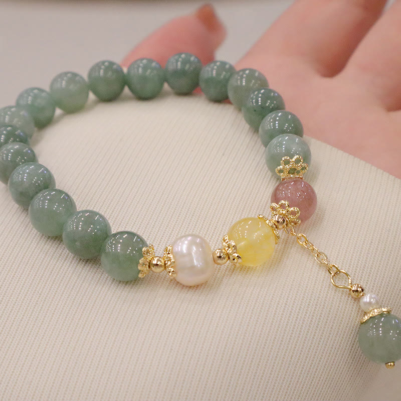 Stone of buddha Jade Pearl Strawberry Quartz Abundance Luck Bead Charm Bracelet