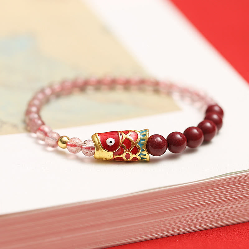 Stone of buddha Natural Strawberry Quartz Cinnabar Lucky Koi Fish Healing Bracelet