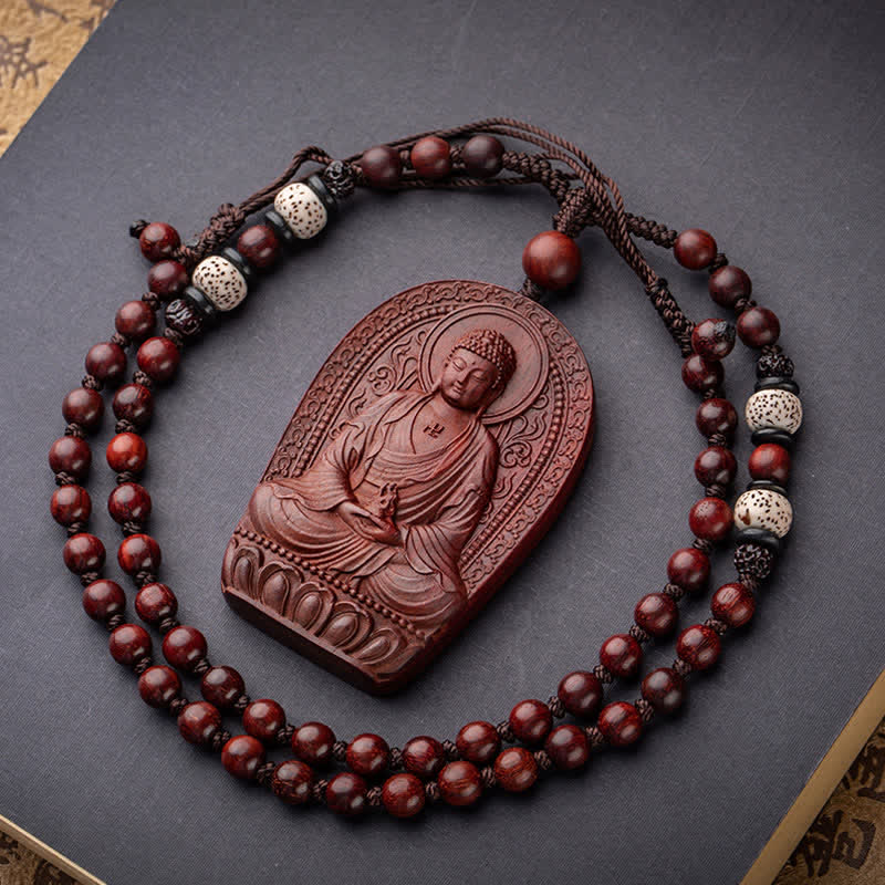 Stone of buddha Chinese Zodiac Natal Buddha Small Leaf Red Sandalwood Lotus Protection Necklace Pendant