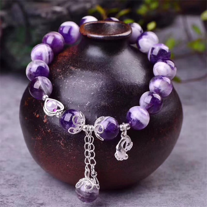 Stone of buddha 925 Sterling Silver Natural Amethyst Healing Feet Love Heart Charm Bracelet