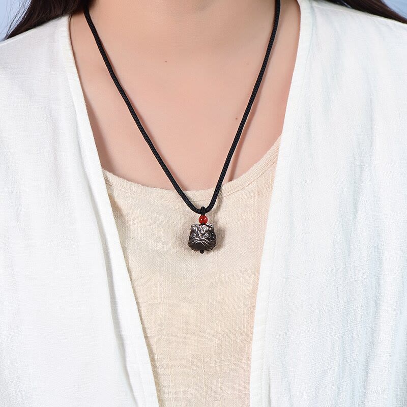 Stone of buddha Natural Silver Sheen Obsidian Dancing Lion Protection Necklace Pendant