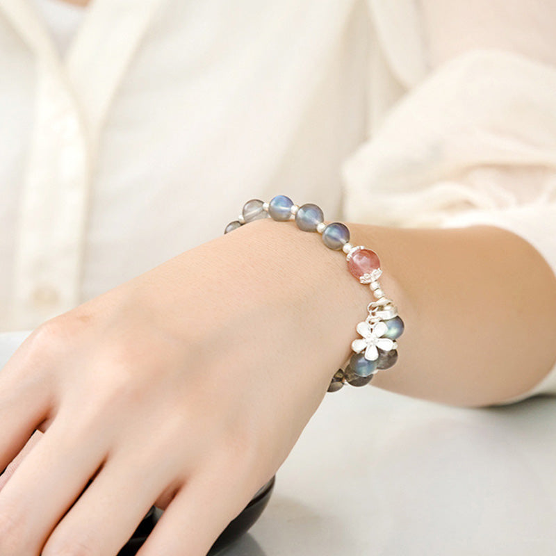 Stone of buddha Moonstone Strawberry Quartz Flower Healing Charm Bracelet