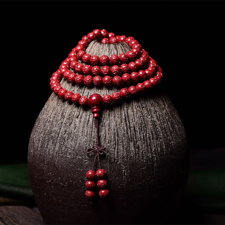 Stone of buddha 108 Mala Beads Cinnabar Om Mani Padme Hum Pattern Engraved Blessing Bracelet
