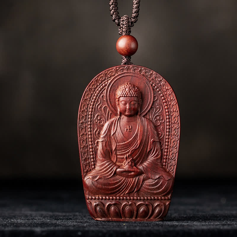 Stone of buddha Chinese Zodiac Natal Buddha Small Leaf Red Sandalwood Lotus Protection Necklace Pendant
