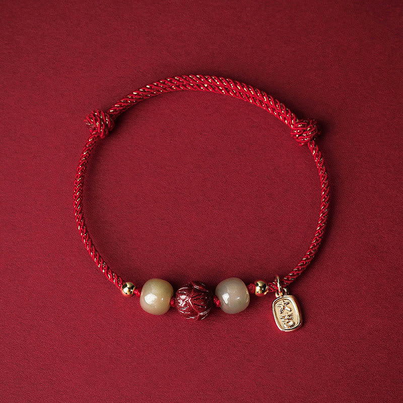 Stone of buddha 14K Gold Plated Hetian Jade Cinnabar Lotus Luck Handcrafted Rope Bracelet