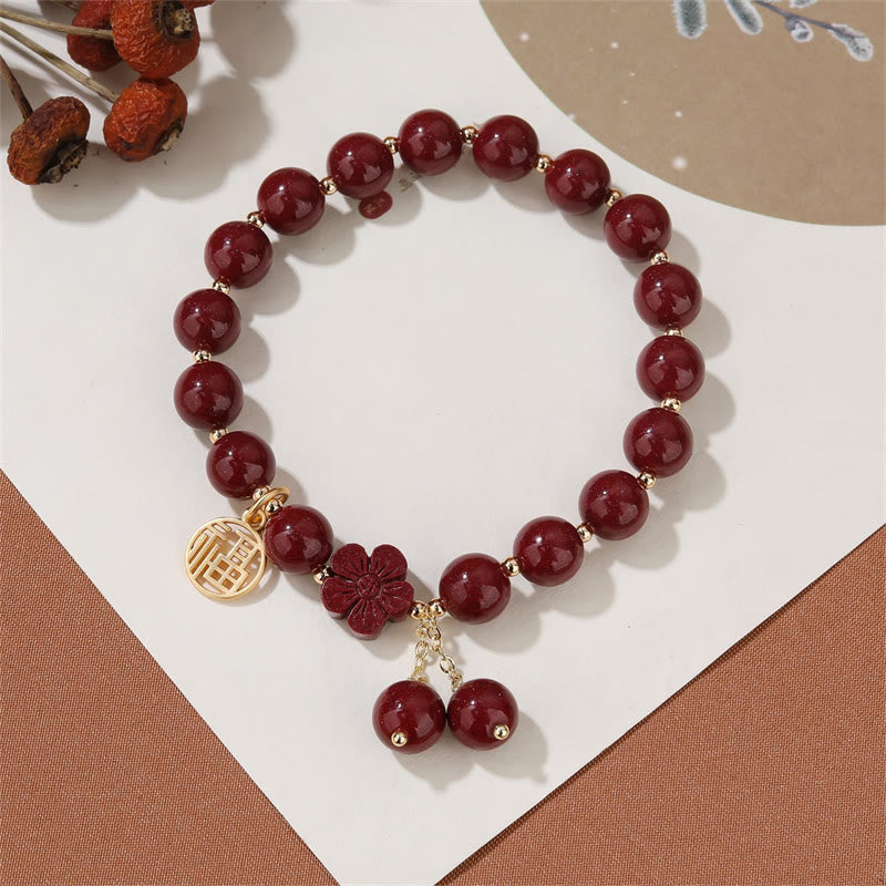 Stone of buddha Cinnabar Fu Character Cherry Blossom Blessing Bracelet