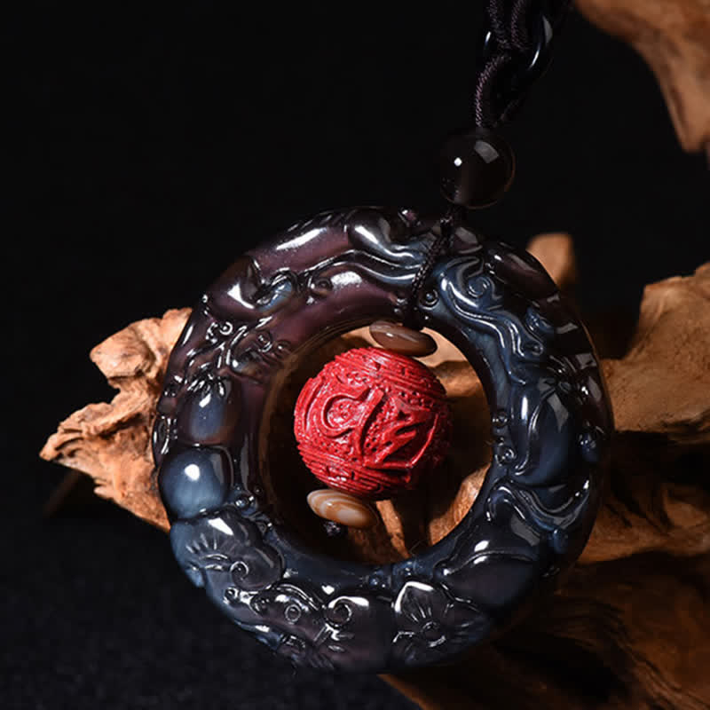 Stone of buddha FengShui Natural Rainbow Obsidian PiXiu Cinnabar Healing Necklace Pendant
