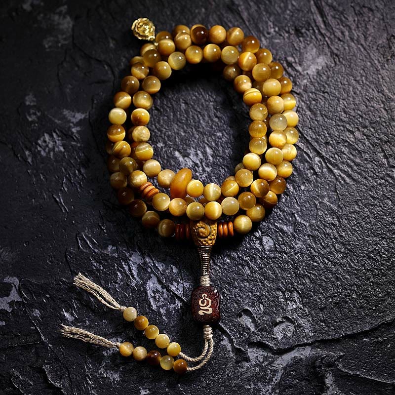 Stone of buddha 108 Mala Beads Natural Tiger Eye Copper Dorje Protection Tassel Bracelet