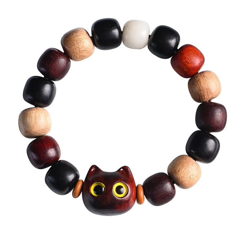 Stone of buddha Small Leaf Red Sandalwood Ebony Wood Cute Cat Engraved Protection Bracelet