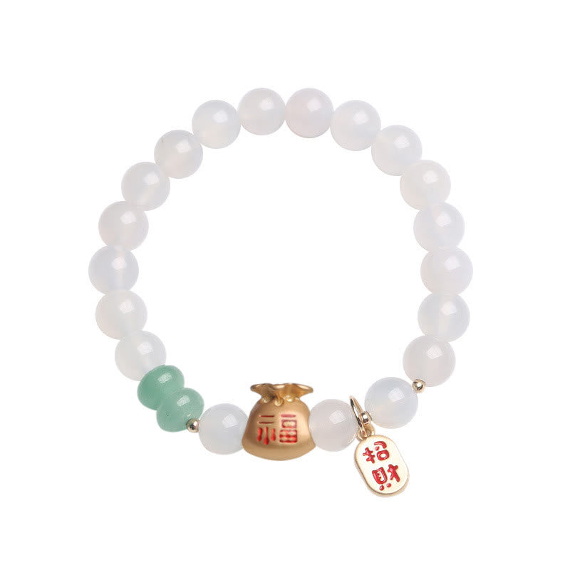 Stone of buddha Natural White Agate Red Agate Money Bag Fu Character Four Leaf Clover Protection Bracelet