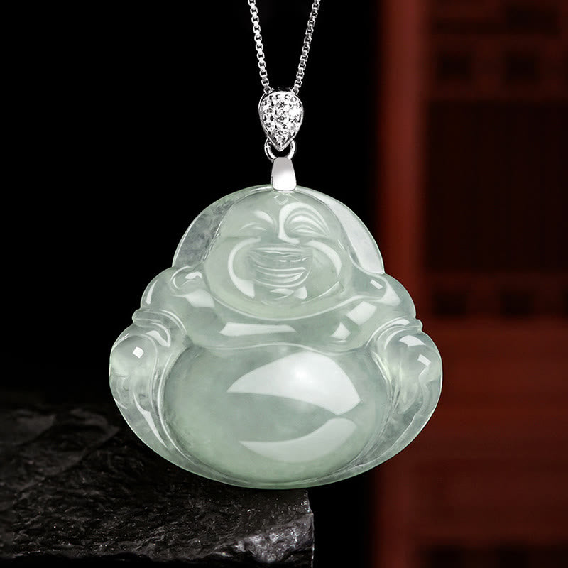 Stone of buddha 925 Sterling Silver Natural Jade Laughing Buddha Prosperity Abundance Chain Necklace Pendant