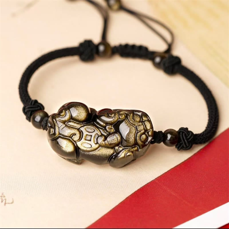 Stone of buddha Natural Obsidian Amethyst Citrine PiXiu Cooper Coin Wealth Bracelet