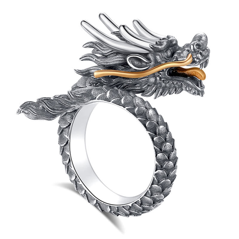 Stone of buddha 925 Sterling Silver Vintage Dragon Design Protection Strength Adjustable Ring