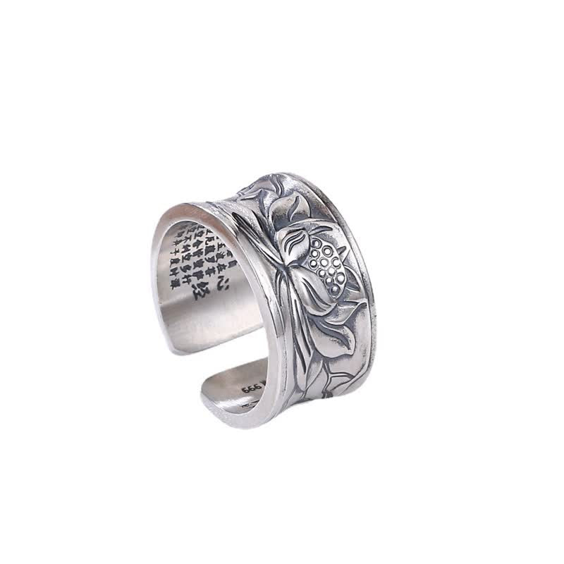 Stone of buddha 999 Sterling Silver Lotus Flower Heart Sutra Protection Ring