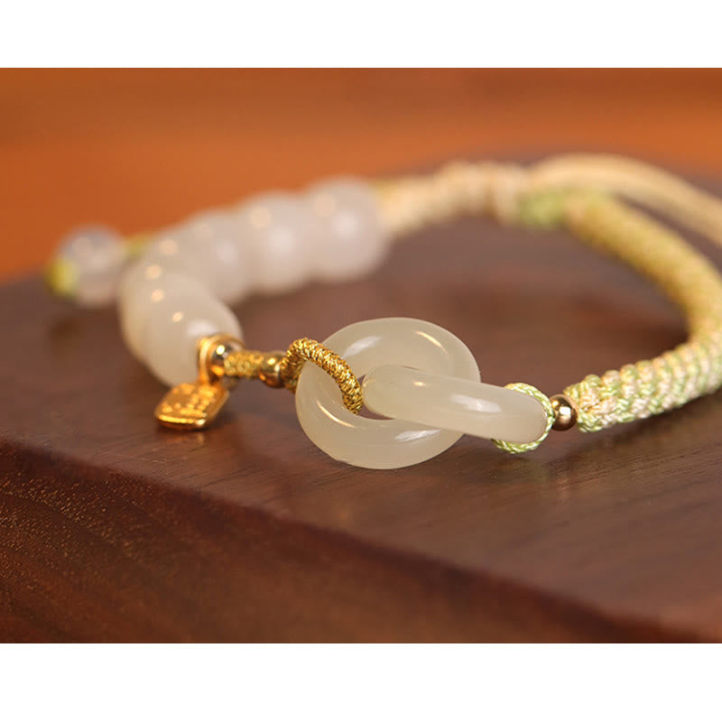 Stone of buddha Natural Hetian Jade Bead Double Peace Buckle Fu Character Abundance Braided Bracelet