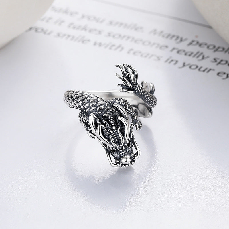 Stone of buddha Vintage 925 Sterling Silver Year Of The Dragon Design Luck Metal Ring