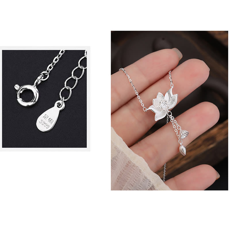 Stone of buddha 999 Sterling Silver Lotus Flower Pod Carved Enlightenment Necklace Pendant