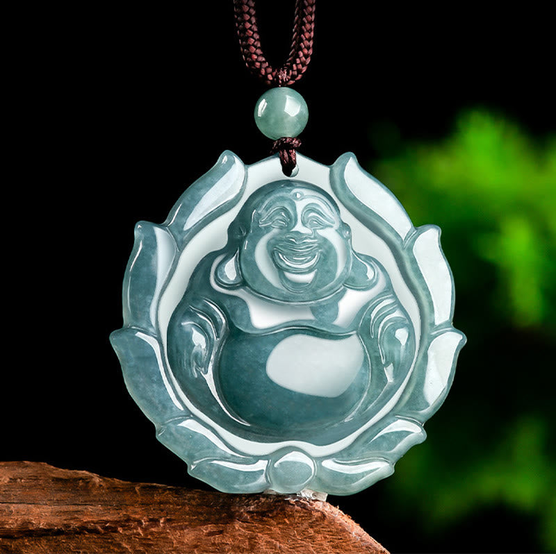 Stone of buddha Natural Jade Laughing Buddha Lotus Pattern Luck Necklace Pendant