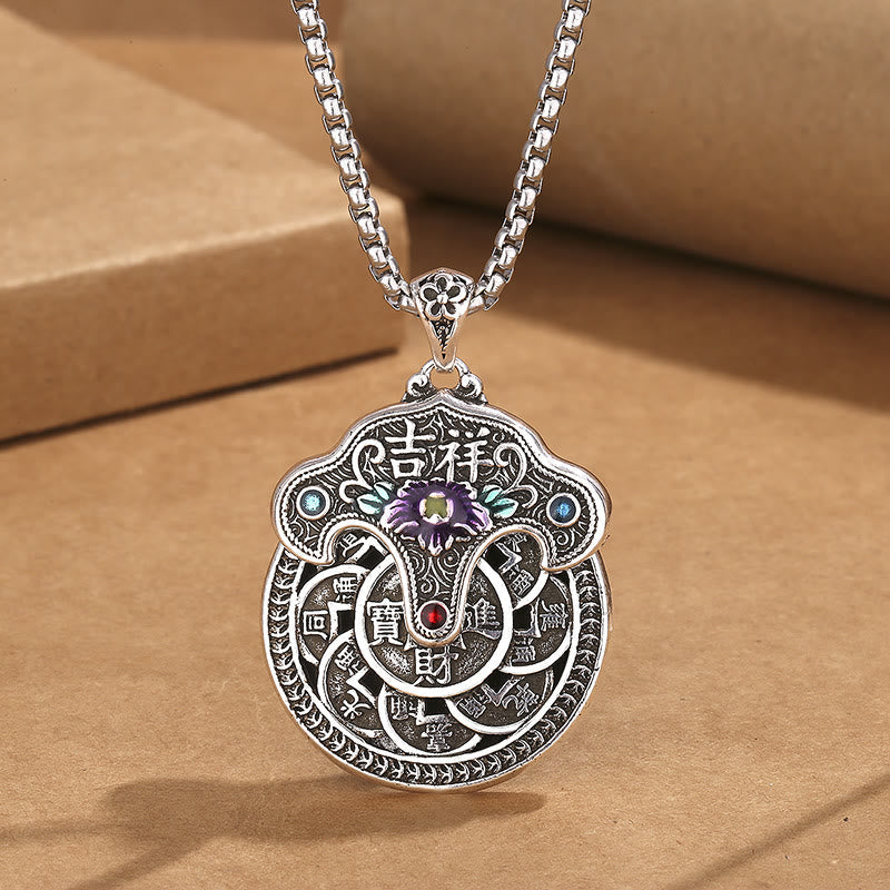 Stone of buddha Peony Flower Copper Coins Wealth Necklace Pendant