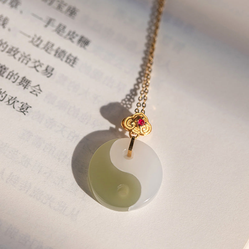 Stone of buddha Yin Yang Jade 18K Gold Luck Prosperity Necklace Pendant