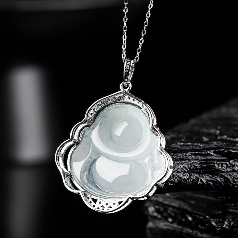 Stone of buddha 925 Sterling Silver Laughing Buddha Natural Jade Abundance Necklace Pendant