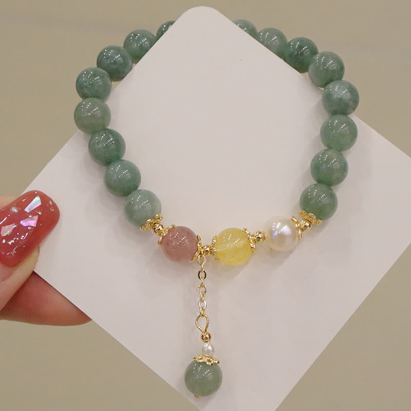 Stone of buddha Jade Pearl Strawberry Quartz Abundance Luck Bead Charm Bracelet