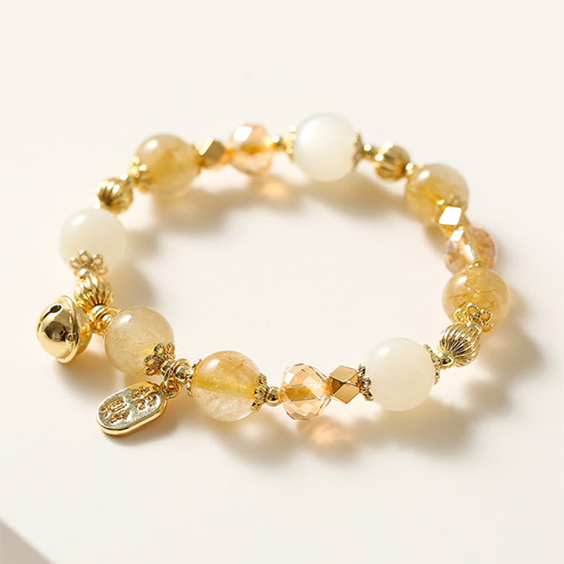 Stone of buddha 14K Gold Plated Golden Rutilated Quartz Wealth Bell Lucky Fortune Charm Bracelet