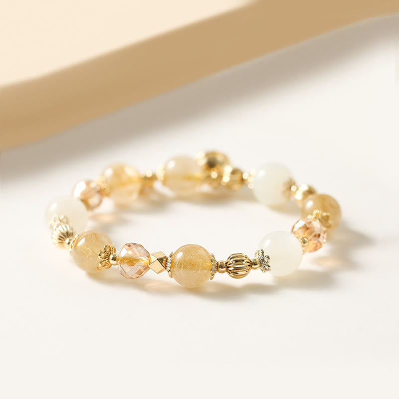 Stone of buddha 14K Gold Plated Golden Rutilated Quartz Wealth Bell Lucky Fortune Charm Bracelet