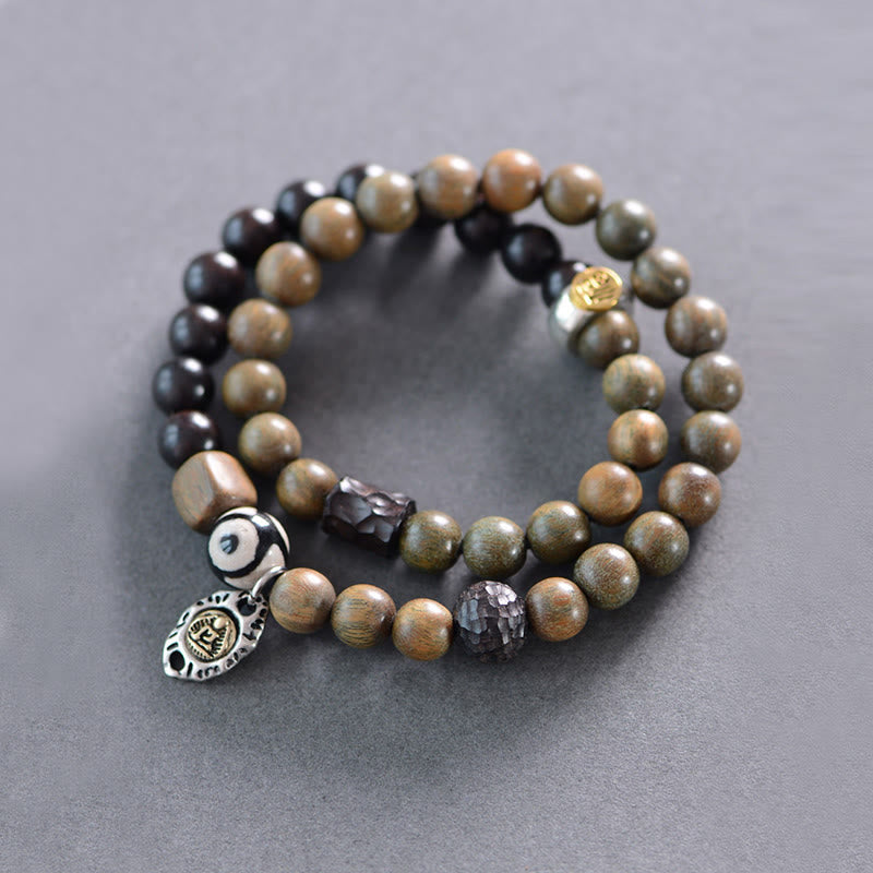 Stone of buddha Tibetan Green Sandalwood Ebony Wood Three-eyed Dzi Bead Fu Character Balance Peace Double Wrap Bracelet