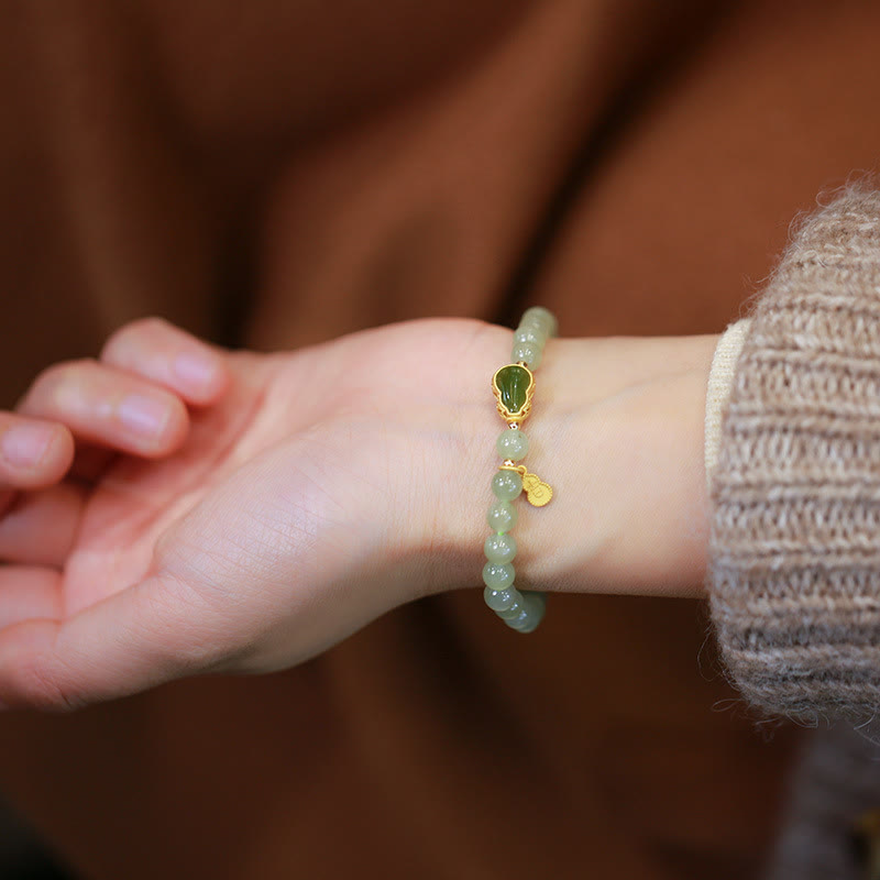 Stone of buddha 925 Sterling Silver Plated Gold Natural Hetian Jade Bead Gourd Lotus Bamboo Fu Character Luck Bracelet